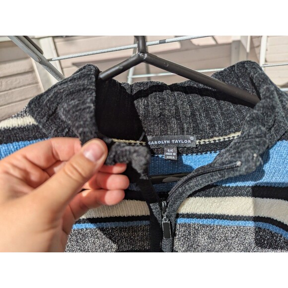 Carolyn Taylor Size Small Baby Blue White And Black Striped Knit Zip Up Sweater - Picture 2 of 12